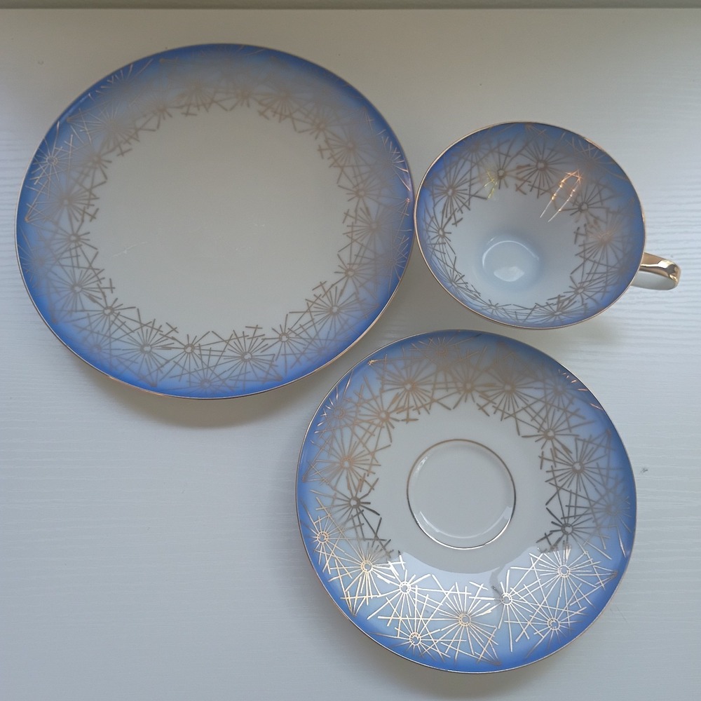 Germany Bavaria Blue Gold Star Bursts 3pc Tea Set Service For 1 Cup Saucer Plate - Picture 3 of 9
